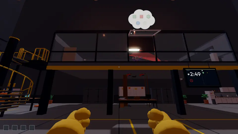 The cloud with symbols above the manager leaning out of the window
