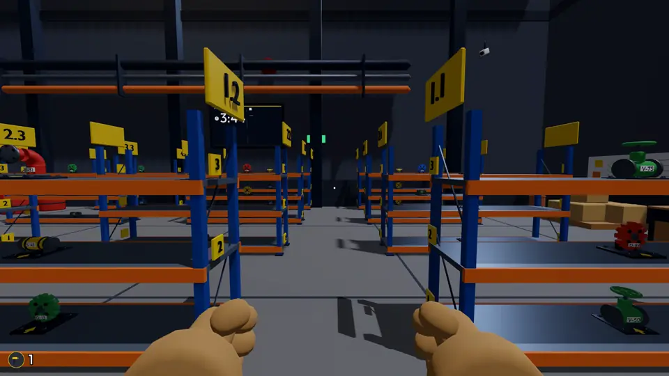 The warehouse shelves and signs